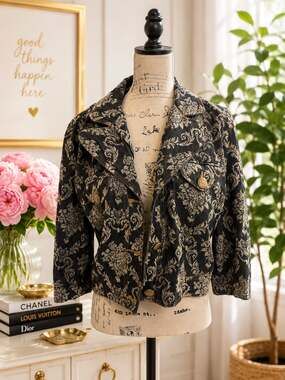 Parallel Womens Black Denim Floral Jacquard Cropped Jacket Size 14
